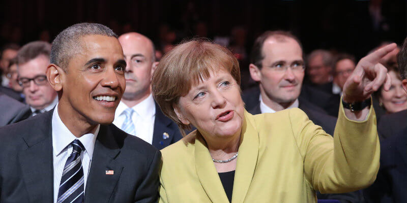 Barack Obama, President of the United States and Angela Merkel, Chancellor of Germany visting at Hannover Messe 2016